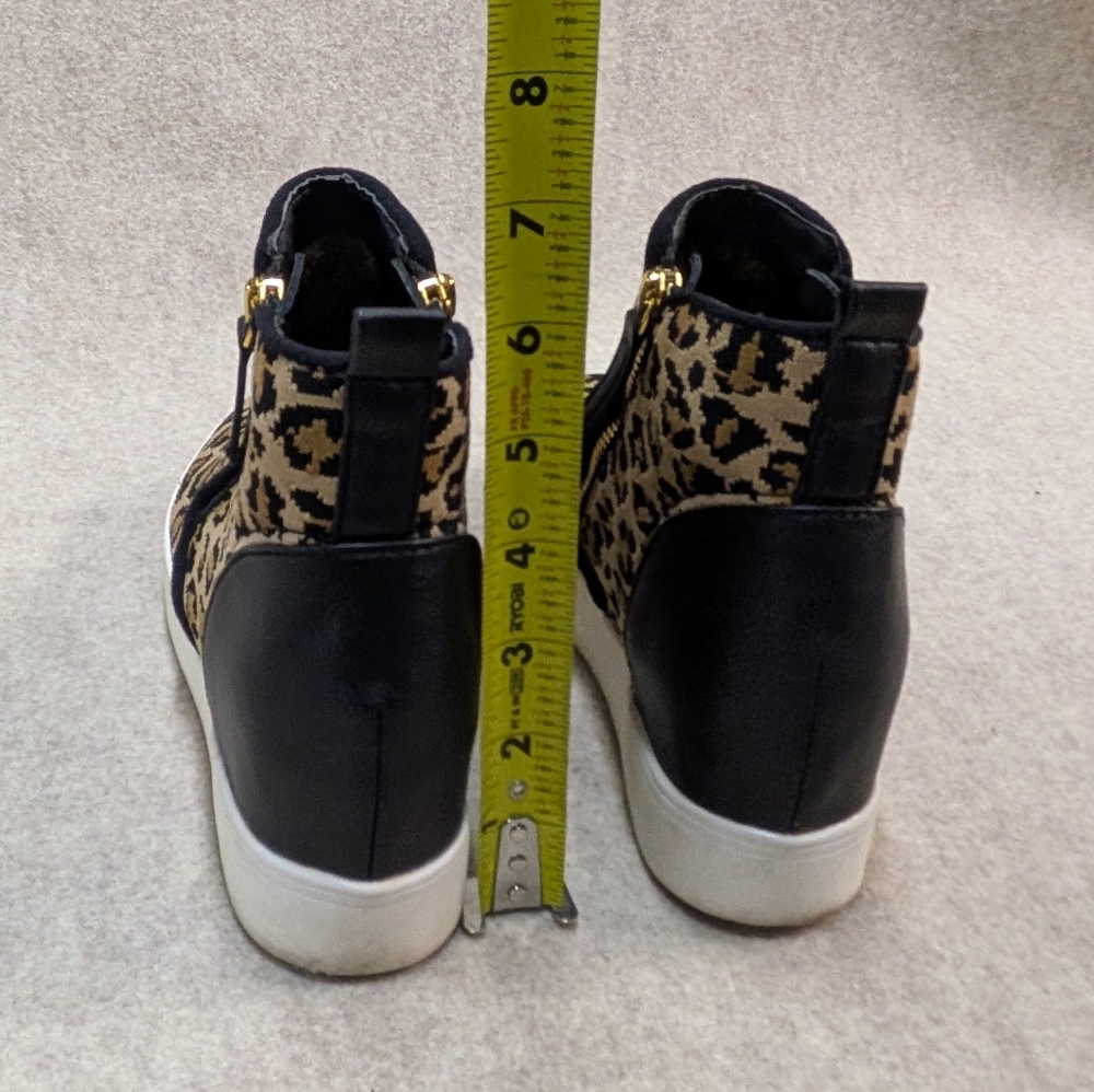 Steve Madden Black & Tan Knit Fabric & Leather Leopard Wedges Sz 7 Teens/Women - Picture 5 of 10